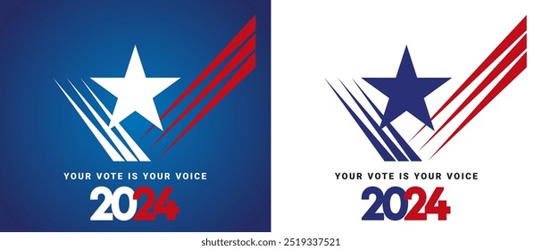 USA Presidential Election 2024. Check mark vote on white and blue background. USA star american flag colors and symbols. Voting Day 2024 in USA, Political election emblem logo