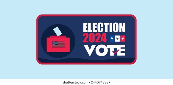 USA Presidential Election 2024. Importance of casting vote banner with logo, label, stamp, badge, design with ballot box and vote slip in USA flag colours. Elections 2024 conceptual banner design. 