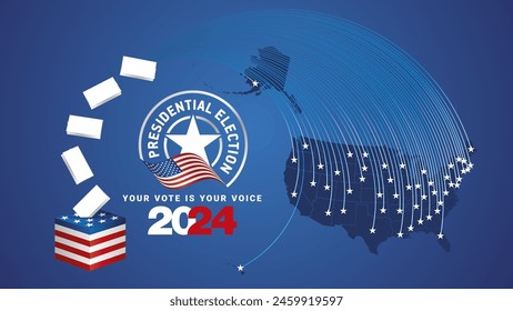 Elecciones presidenciales de Estados Unidos, 2024. ANUNCIO de campaña de elecciones políticas de Estados Unidos con fondo azul. Día de Votación 2024 en Estados Unidos. Estrellas de Estados Unidos con bandera, mapa, urna y papeletas sobre fondo azul