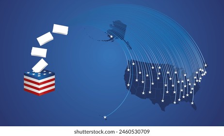 USA Presidential Election, 2024. USA political election campaign info graphic banner illustration. USA stars and map with ballots fly into the ballot box on blue background