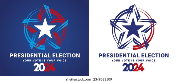 Elecciones presidenciales de Estados Unidos 2024. Estrella de EEUU con los colores de la bandera estadounidense y el logo de los símbolos. Día de votación 2024 Elecciones en Estados Unidos, emblema de la campaña electoral política sobre fondo azul y blanco