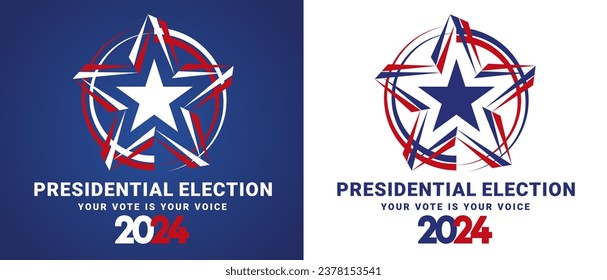 USA Presidential Election 2024. USA star with blue white red american flag colors and symbols logo. Voting Day 2024 Election in USA, Political election campaign emblem on blue and white background