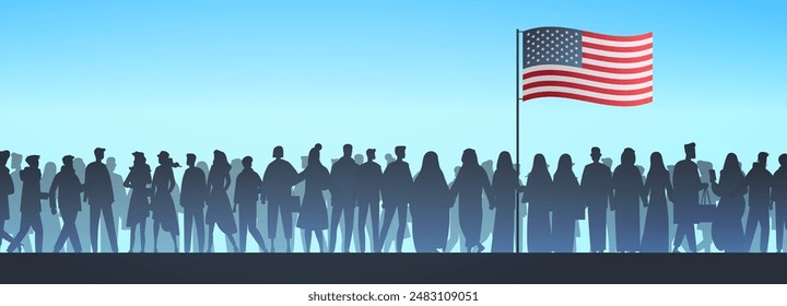 USA presidential election crowd with American flag diverse group of people standing together in silhouette against a blue sky background