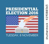USA presidential election day concept vector illustration. Hand putting voting paper in the ballot box with american flag on background. Voting concept in flat style.