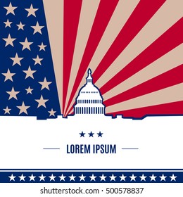 USA presidential election day concept with american flag on background in flat style. White house and Capitol building light silhouette with text  place on it. Vector illustration