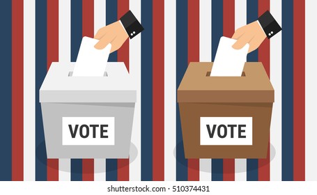 USA presidential election day concept vector illustration. Hand putting voting paper in the ballot box. Voting concept in flat style.