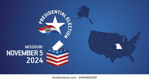 USA Presidential election November 5, 2024. Voting Day 2024 in Missouri. USA elections 2024. Missouri flag USA stars with USA flag, map, ballot box and ballot on blue background
