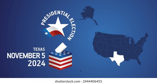 USA Presidential election November 5, 2024. Voting Day 2024 in Texas. USA elections 2024. Texas flag USA stars with USA flag, map, ballot box and ballot on blue background