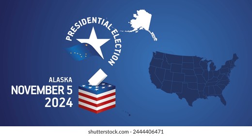 Präsidentschaftswahl in den USA 5. November 2024. Wahltag 2024 in Alaska. In: USA Elections 2024. Alaska Flagge USA Sterne mit USA Flagge, Karte, Wahlurne und Stimmzettel auf blauem Hintergrund