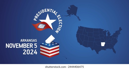 USA Presidential election November 5, 2024. Voting Day 2024 in Arkansas. USA elections 2024. Arkansas flag USA stars with USA flag, map, ballot box and ballot on blue background