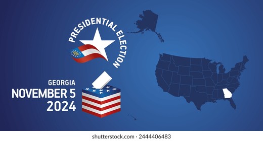 Präsidentschaftswahl in den USA 5. November 2024. Wahltag 2024 in Georgien. In: USA Elections 2024. Georgien Flagge USA Sterne mit USA Flagge, Karte, Wahlurne und Stimmzettel auf blauem Hintergrund