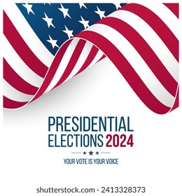 USA Presidential Elections. 2024 US President Election Event. Vote Day. Waving American flag. White background. Vector illustration.