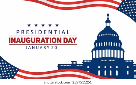 USA Presidential Inauguration Day with Capitol Building Washington D.C. and American Flag in Background Design. January 20. Vector Illustration