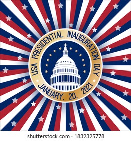 USA Presidential Inauguration Day on January 20th 2021 vector banner. Capitol Building Washington D.C. where the President takes the oath, round label, text at American flag colors vintage background.