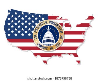 USA Presidential Inauguration Day on January 20th 2021 vector banner. Capitol Building Washington D.C. where the President takes the oath, round label, sticker,  text at American flag background. 