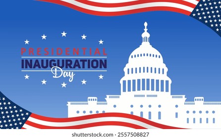 USA Presidential Inauguration Day on January 20th vector banner. Capitol Building Washington D.C. American flag background.