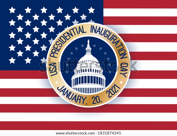 USA Presidential Inauguration Day on January 20th 2021\
vector banner. Capitol Building Washington D.C. where the President\
takes the oath, round label, sticker,  text at American flag\
background. 