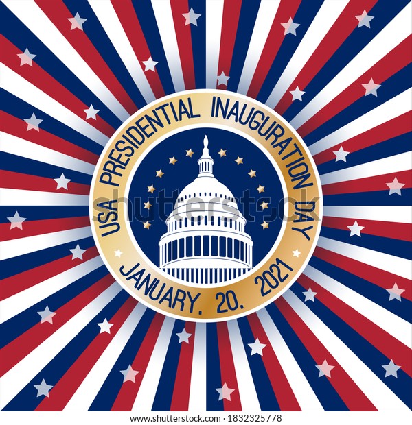 USA Presidential Inauguration Day on January\
20th 2021 vector banner. Capitol Building Washington D.C. where the\
President takes the oath, round label, text at American flag colors\
vintage background.