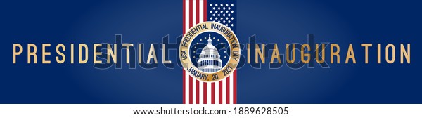 USA Presidential Inauguration Day on January\
20th 2021 vector  horizontal banner. Capitol Building Washington\
D.C. where the President takes the oath. Round label, sticker at\
American flag background.