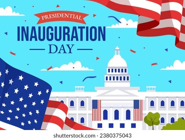 Ilustración vectorial del Día de la Inauguración Presidencial de Estados Unidos 20 de enero con el Capitolio del edificio Washington D.C. y la bandera estadounidense en diseño de fondo