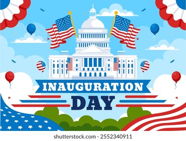 ILUSTRACIÓN VECTORIAL del Día de la Inauguración Presidencial de Estados Unidos el 20 de enero con el edificio del Capitolio en Washington D.C. y el diseño de la bandera estadounidense