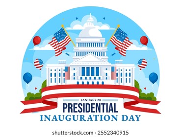 ILUSTRACIÓN VECTORIAL del Día de la Inauguración Presidencial de Estados Unidos el 20 de enero con el edificio del Capitolio en Washington D.C. y el diseño de la bandera estadounidense