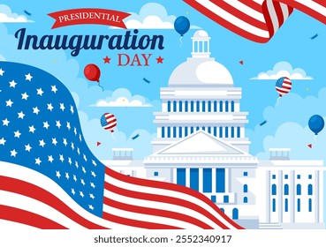 ILUSTRACIÓN VECTORIAL del Día de la Inauguración Presidencial de Estados Unidos el 20 de enero con el edificio del Capitolio en Washington D.C. y el diseño de la bandera estadounidense