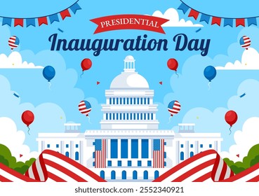 ILUSTRACIÓN VECTORIAL del Día de la Inauguración Presidencial de Estados Unidos el 20 de enero con el edificio del Capitolio en Washington D.C. y el diseño de la bandera estadounidense