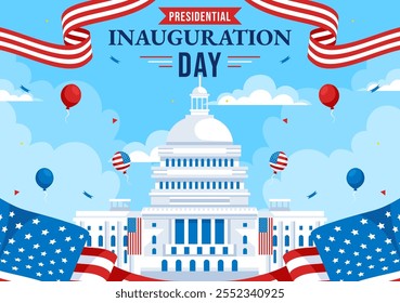 ILUSTRACIÓN VECTORIAL del Día de la Inauguración Presidencial de Estados Unidos el 20 de enero con el edificio del Capitolio en Washington D.C. y el diseño de la bandera estadounidense