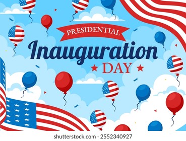 ILUSTRACIÓN VECTORIAL del Día de la Inauguración Presidencial de Estados Unidos el 20 de enero con el edificio del Capitolio en Washington D.C. y el diseño de la bandera estadounidense