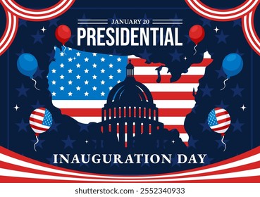 ILUSTRACIÓN VECTORIAL del Día de la Inauguración Presidencial de Estados Unidos el 20 de enero con el edificio del Capitolio en Washington D.C. y el diseño de la bandera estadounidense