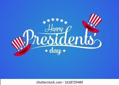 USA Presidents Day celebrate banner with Uncle Sam's hat and hand lettering text Happy Presidents Day on Blue Background. United States national holiday vector illustration. 