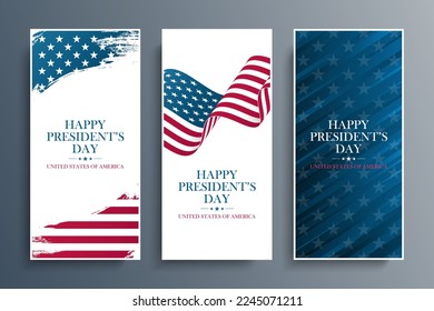 USA Presidents Day celebration flyers set with national flag of the United States. US President's Day national holiday. Vector illustration.