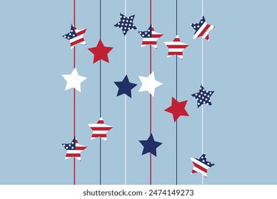 USA Präsidenten Tag Unabhängigkeitstag Grußkarte Patriotische hängende Sterne vertikale Linien Dekoration Rot Weiß Blau Amerikas Flaggenfarben Amerikanische Nationalfeiertag Hintergrund Vorlage Banner Cover