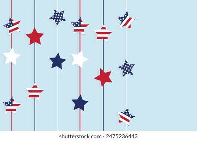 USA Presidents Day Independence Day Greeting card Patriotic hanging stars vertical lines Decoration red white blue Americas flag colors American national holiday background Template banner Cover Frame