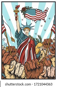 USA propaganda poster. Statue of liberty and fist raised in air. Fight for rights concept. Symbol of protest, positions, elections, demonstrations, rallies and revolution 