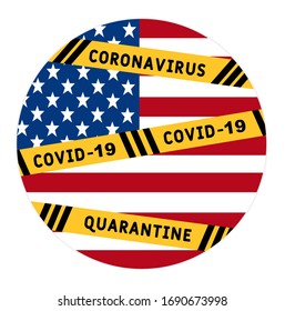 USA quarantine and extraordinary emergency measures under pandemic virus. stop coronavirus covid-19 yellow border tape on USA flag background vector illustration