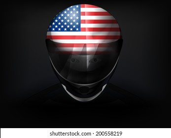 USA racer with flag on helmet vector closeup illustration