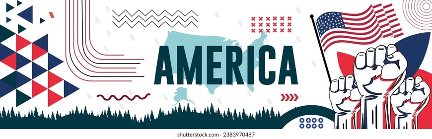 USA and raised fists. National day or Independence day design for USA celebration. Modern retro design with abstract icons. Vector illustration.