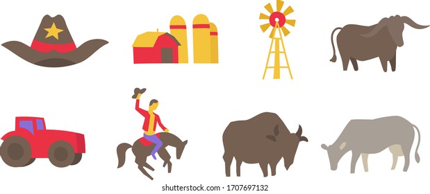 USA Ranch icons set. Agriculture farm. Cowboy. American bison and a cow. Farming in America. Flat vector.