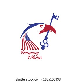 USA real estate company emblem idea. Bald eagle holds key. American flag colors. Vector illustration.