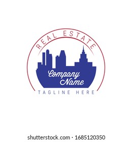 USA real estate company round emblem template. Big city skyscrapers silhouette. American flag colors. Vector illustration.