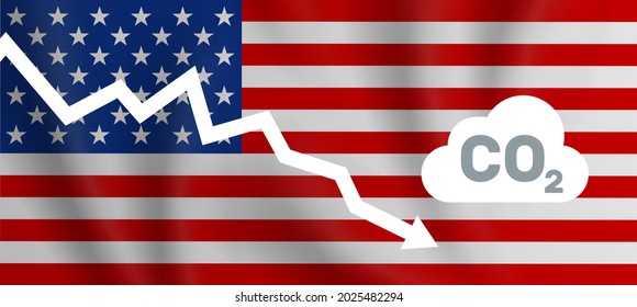 USA reducing co2 carbon dioxide emission  graph down american flag background vector illustration