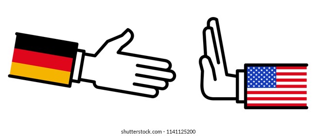 USA refusing to shake hands with Germany, dispute, negotiations, business relations, concept, line icons isolated on white background