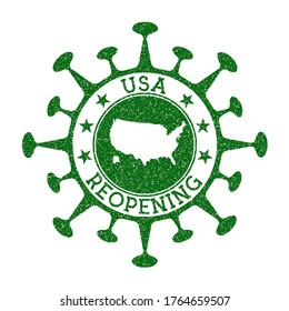 USA Reopening Stamp. Green round badge of country with map of USA. Country opening after lockdown. Vector illustration.