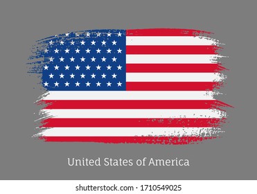 USA republic official flag in shape of paintbrush stroke. National identity symbol for patriotic design. Grunge brush blot isolated vector illustration. United States of America country sign.