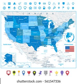 USA Road Map in colors of blue and flat map pointers with roads, water objects and cities.