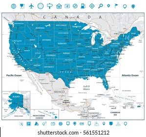 USA Road Map And Line Navigation Icons With Roads, Water Objects And Cities.