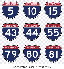 USA Road Traffic Transportation Route Shield Sign,  Interstate American Numbers Highway Route Shield Symbol Vector Isolated