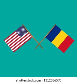 USA and Romania crossed flags.Language learning or travel concept.